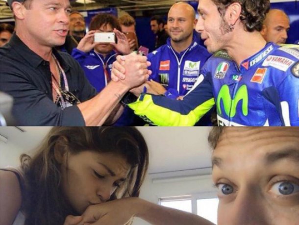 La novia de Rossi besando la mano tocada por Pitt. 