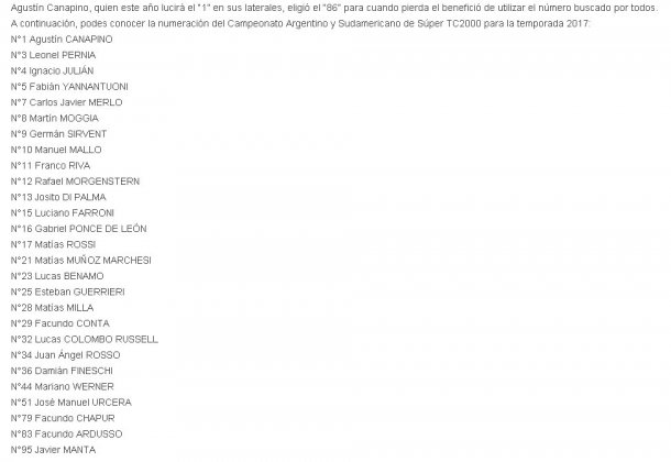 Los numeros de la temporada 2017 del Super TC2000