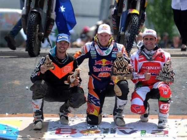 El podio de las motos del Dakar 2015. Price, Coma y Goncalves